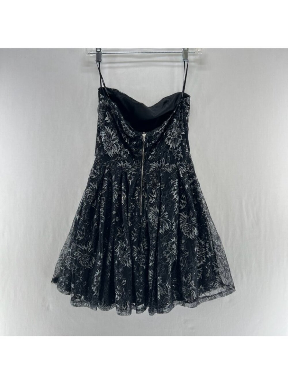 Forever 21 Metallic Floral Lace Strapless Dress Size S Lined Skater Black Silver - Picture 2 of 13